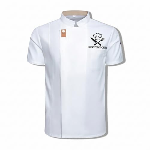 Veste de Cuisine Personnalisée Homme & Femme avec Prénom ou Logo, Blouse de Chef Manches Courtes Respirante, Uniforme Professionnel Personnalisable (Blanc)