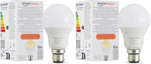 Amazon Basics Smart Dimmable LED Light Bulb, B22 Base, Soft White, 8W (60W Equivalent), Works with Alexa Only, 2 Pack