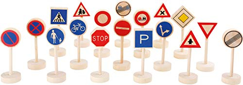 Small Foot 7064 panneaux de signalisation en bois, accessoires pour chemins de fer en bois, apprentissage ludique du code de la route, 18 pcs.