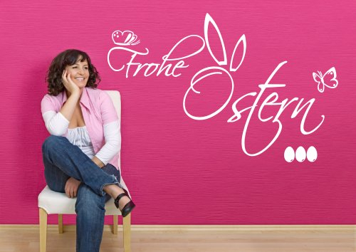 Wandtattoo Fensterbild Schriftzug Frohe Ostern mit Ostereiern und Schmetterling Fensterdeko 68044-58x37 cm, Wandaufkleber Aufkleber für die Wand, Fensteraufkleber, 32 Farben wählbar