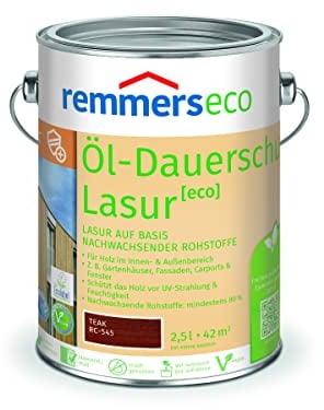 Remmers Lasure huile écologique Teck, 2,5 litres, Lasure écologique aqueuse pour bois, protection longue durée pour intérieur et extérieur, durable, végane, sans danger pour les abeilles.