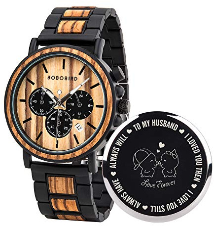 BOBO Bird Mens Personalized Engraved Wooden Watches, Stylish Wood & Stainless Steel Combined Quartz Casual Wristwatches for Men Family Friends Customized Watch