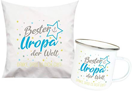 Shirtinstyle, Bester Uropa der Welt, Danke das es Dich gibt! Kissen- und Emaille Tasse als Set Farbe weiß