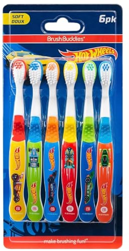 Brush Buddies Hot Wheels Toothbrush for Kids, Kids Toothbrushes, Toothbrush Pack, Soft Bristles for Kids, Toddler Ages 2-4, 6PK