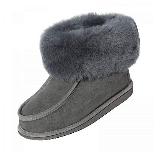 Hollert Damen & Herren Lammfell Hausschuhe Adam Fellschuhe aus Merino Schaffell Echtleder sehr warm und atmungsaktiv Schuhgröße 37, Farbe Grau