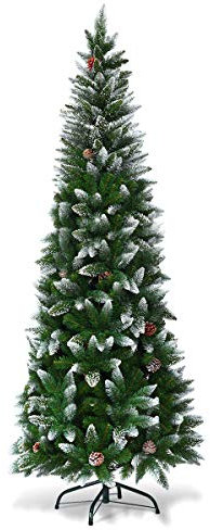 COSTWAY Árbol de Navidad Slim/Estrecho 220cm, Arbol de Navidad Nevado con 39 Piñas, Pino Cubierto de Nieve, PVC de 720 Puntas, Arvore de Natal Soporte de Metal, Hogar Oficina Fiesta (220 cm)