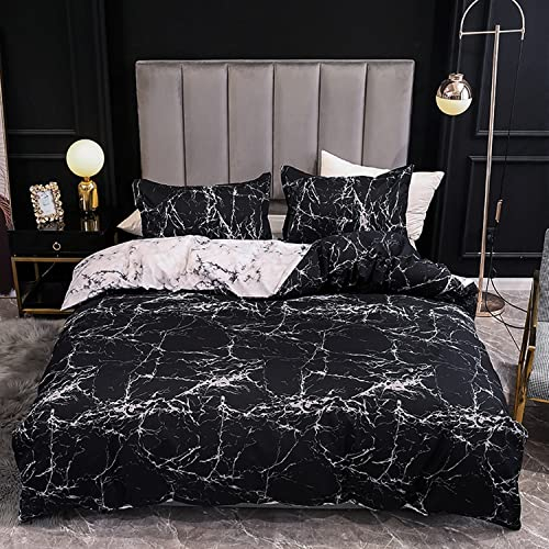 Boqingzhu Bettwäsche Marmor 135x200cm Baumwolle Schwarz Weiß Grau Bettwäsche Set Marmor Optik Wende Bettbezug 135x200cm + Kissenbezug 80x80cm mit Reißverschluss