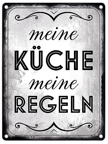 Meine Küche meine Regeln Retro Metallschild in 15x20 cm stilvolles Blechschild für die Küche um allen zu zeigen wer in dieser Küche die Hosen an hat
