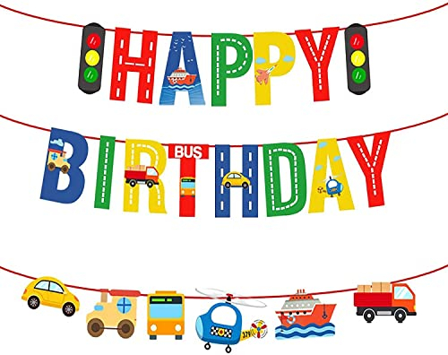 Transportation Happy Birthday Banner Auto Bus Zug Flugzeug Schiff Hubschrauber Ampel Foto Requisiten Girlande für Kinder Geburtstag Party Babyparty Dekoration Supplies