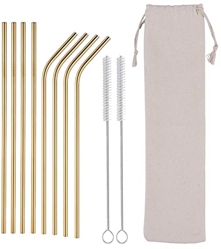 Hooton Homeware Metal Reusable Straws and Cleaner, Set of 8 Coloured Stainless Steel Drinking Straws 21.5cm 0.06cm 8.5'' (4 Straight + 4 Bent + 2 Brushes with Bag Case) (Gold)