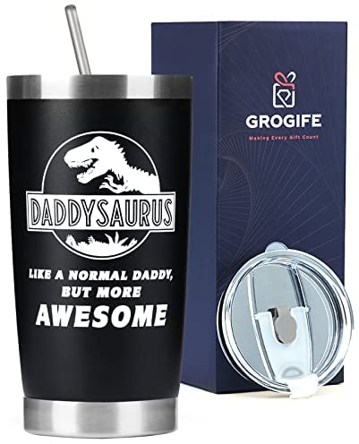 Grogife Dad Gifts from Daughter Son, Funny Gifts for Dad Who Have Everything Daddy Step Dad, Daddysaurus Coffee Tumbler, Insulated Travel Mug Coffee Cup 600ml