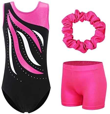 BAOHULU Gymnastikanzug für Mädchen, Gymnastik, Stickerei, Glitzer, Tumbling, Tanz-Shorts, Blackhotpink-Set, 11-12 Jahre