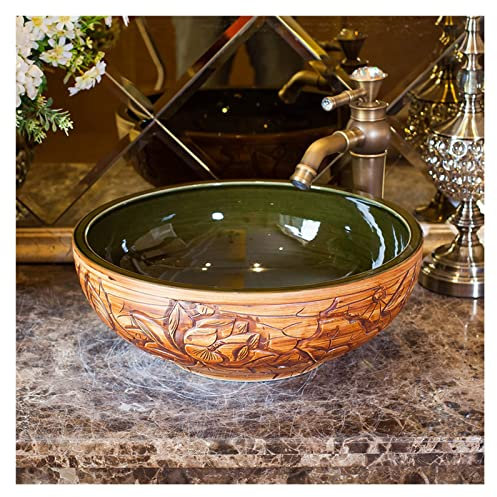 AVLUZ Vintage Badezimmer-Waschbecken, rund über der Theke, künstlerische Porzellangefäß-Schüssel mit Wasserhahn-Pop-Up-Ablauf, Keramik-Kunstbecken mit Lotus-Schnitzerei, schwärzlich-grün