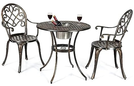 GOPLUS 3 TLG. Bistro Set, Outdoor Gartenset aus Aluminiumguss mit Abnehmbarem Eiskübel & Schirmloch, Bistrotisch mit 2 Stühlen für Garten, Hof & Terrasse, Stabiles & Antikes Balkonmöbel Set, Bronze