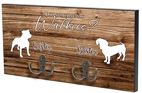 Personalised Dog Lead Hook Leash Collar Harness Key Holder Gift - Add Breed and Names - 2 Hooks Walkies