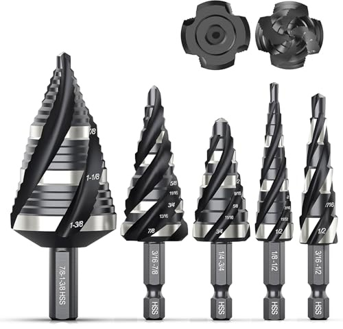 THINKWORK Four Spiral Flute Step Drill Bit Set, 5 Pcs HSS Step Drill Bits (1/8-1-3/8) Unibit Step Drill Bit, 1/4 and 3/8 Shank Step Bits for Aluminum, Wood, Plastic, Metal