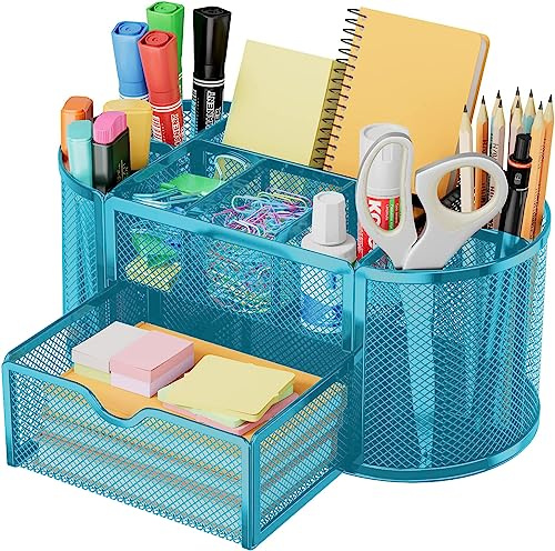 Schreibtisch-Organizer aus Metall – Multifunktions-Stifthalter mit Schublade Schreibwarenaufbewahrung für Desktop, Büros, Bibliothek – Rutschfester Kosmetik-Organizer robust, langlebig (türkis)