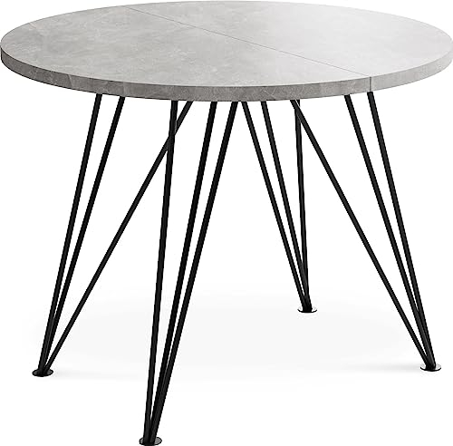 WFL GROUP Runder Ausziehbarer Esstisch - Loft Style Tisch mit Metallbeinen - 100 bis 180 cm - Industrieller Rund Tisch für Wohnzimmer - Spacesaver - Beton Grau