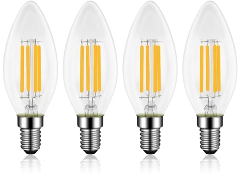 Lampadina Candela Filamento LED E14 4W, Dimmerabile, Equivalenti a 40W Incandescenza, Luce Bianca Calda 2700K, 400LM, Lampadina Trasparente C35, E14 Candela Vintage Luce, Confezione da 4
