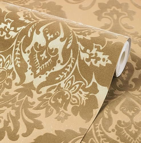 Exclusive Flock Havana Gold Damask Wallpaper H66010