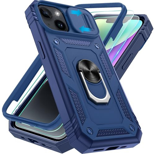 Pilaru 3 in 1 for iPhone 13/14 Case | With Front Frame | [Separate] 2 Screen Protector & Kickstand Ring & Camera Cover Military Grade Drop Shockproof Protection for iPhone 13/14,Blue