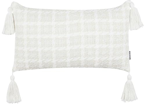 Beliani Dekokissen beige/weiß Kariertes Muster 30 x 60 cm rechteckig mit Quasten Douris