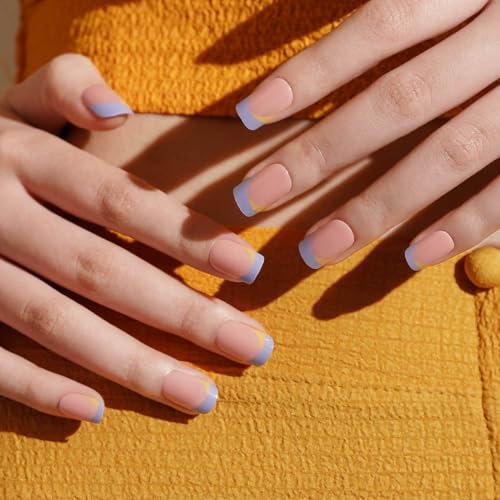 DANNI & TONI 28 Stickers Semi Cured Nail Strips,Blue&Yellow French Tips,French Manicure Soft Self-Adhesive Gel Nail Stickers,Salon-Quality Gel Nail Polish Strips Manicure Stickers Set(Sunlit Serenity)