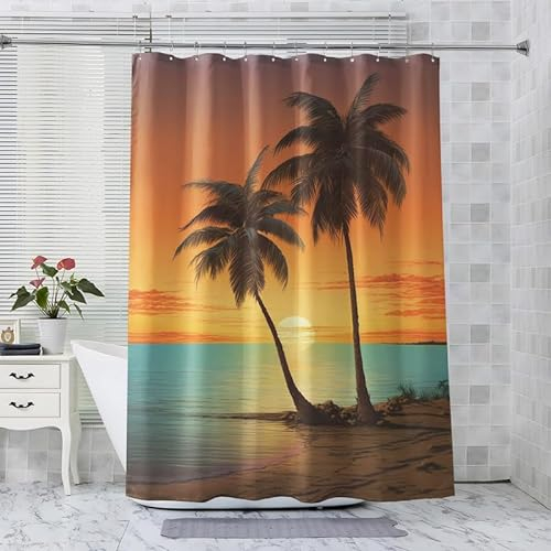 ADEIRO Duschvorhang Palmen, Strand Duschvorhang 90x180 cm, Sonnenuntergang Duschvorhang mit 12 Plastik Haken, Waschbar Textil Shower Curtains für Dusche und Badewanne