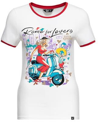 Queen Kerosin Damen T-Shirt Rundhals Kurzarm Slim Fit Kontrastfarben Figurbetont Italien Rom Rome Vintage Retro Ringer Contrast Print Artwork Rome for Lovers