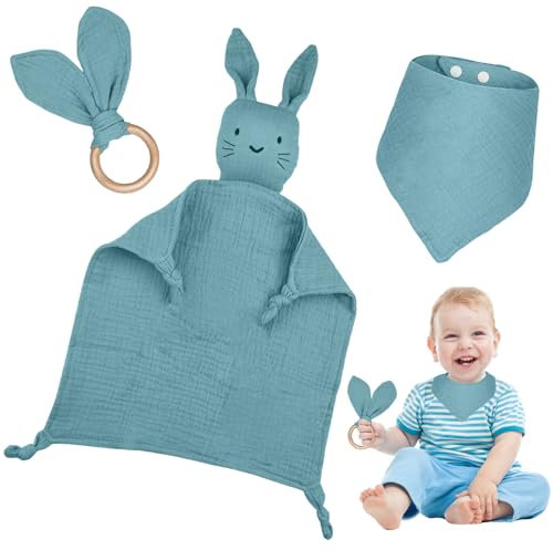 ATSGJLZN 3 Stück Baby Geschenk Junge Mädchen Neugeborene Geschenkset Babygeschenke,Geschenke zur Geburt mit Schnuffeltuch Hase und Beißring Holz und Lätzchen Baby für Neugeborenen Babyparty Sachen