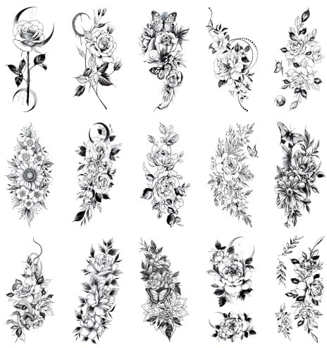 15 Stück Blume Temporäre Tattoos - Halber Arm Aufkleber Madame Erwachsene Wasserdicht für Frauen Mädchen Männer Körper Dekoration