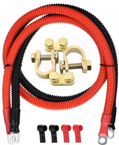2 Piezas Cable Bateria 35mm² 120cm, 12V/24V Cable Inversor de Batería, 2AWG Rojo y Negro Cables de Batería con M8 Terminales de Anillo, Cable de Batería para Automóvil, Camión, Moto, RV, Marino
