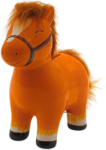 Sparfigur, Spartier, Spardose, Sparbüchse, Kinderspardose, Sparschwein als Pferd in braun und echter Mähne, aus Keramik mit wiederverschließbarem Gummistopfen, L/B/H 16 x 7 x 17 cm.