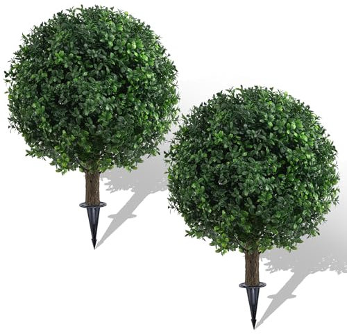 AOKIIE Set of 2 Artificial Boxwood Topiary Ball Trees for Outdoor with Ground Spike 22, UV Resistant Faux Greenery Shrubs, Fake Boxwood Plants for Indoor, Garden, Yard, Porch, Patio Decor