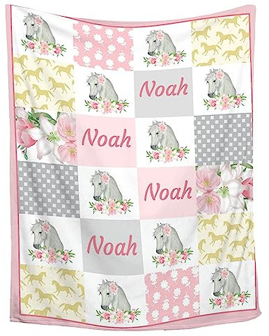 IQOPPEDR Personalisierte Babydecke für Mädchen und Jungen, Pferd, individuelle Babydecke mit Namen, Wickeldecke für Kleinkinder, Kleinkinder, Kinder, Dusche, Neugeborene, Kinderzimmer, Kinderwagen,
