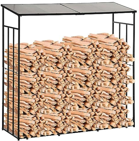 Outsunny Abri-bûches 2,3 m³, support de rangement du bois de chauffage, capacité de stockage du bois de chauffage 2100 kg, pour l'extérieur, en métal et polycarbonate, noir