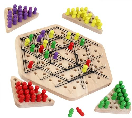 Brettspiele ab 4 5 6 7 Jahre, Holz Triggles-Spiel, Ketten Dreieck Schachspiel Holz, Gummibänder Logik Spiel für 2 bis 4 Personen, Knobelspiele für Kind ab 8 9 10