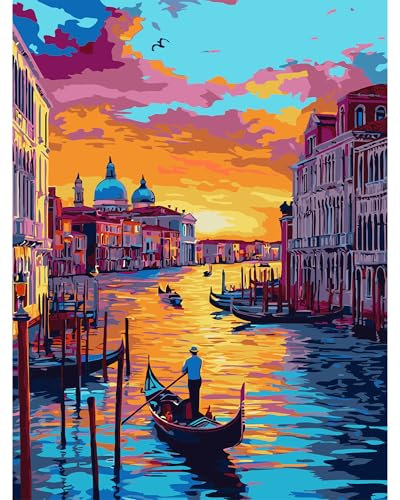 QENSPE Pintar por Numeros Adultos, DIY Pintura por Números, Kit de Pintura al óleo de Lienzo para con Pinceles, Paint by Numbers Kit 40 x 30cm, Paisaje Venecia