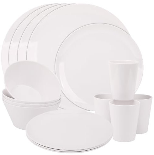 Service de table 16 pièces en mélamine de couleur blanche | Assiettes, assiettes à dessert, bols et tasses | Service pour 4 personnes | Réutilisable et léger | Parfait pour l'intérieur, l'extérieur,