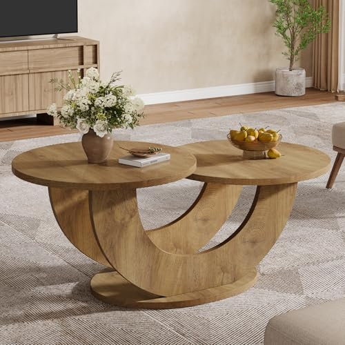 Tribesigns Round Living Room Coffee Table, 2-Tier Farmhouse Coffee Table with U-Shaped Frame, Low Accent Center Cocktail Table for Home, Apartment, Natural