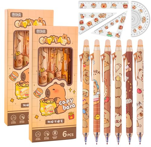 Clvsyh 16 Stück Cartoon Gelstift Einziehbarer, 12 Capybara Stifte + 4 Capybara Lineale, 0,5 mm Capy-bara Gelstifte Radierbar, Capybara Tintenroller, Schreibwaren für Kinder, Bürobedarf