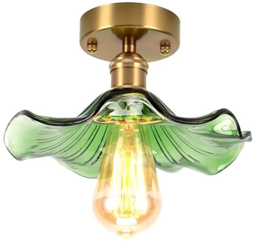 LIGINOK Plafonnier en Verte Verre Vintage Lustre Moderne Abat-jour en Créativité Fleur E27 Lampe de Plafond Luminaire Plafonnier Déco pour Cuisine Salle à Manger Chambre Couloir