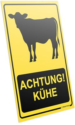 PRINTIMA Warnschild „ACHTUNG! KÜHE“ – 21x32cm – robustes Hinweisschild mit Kuh-Piktogramm – wetterfestes Schild für Weiden, Höfe & ländliche Wege – inkl. Dübel zur Montage