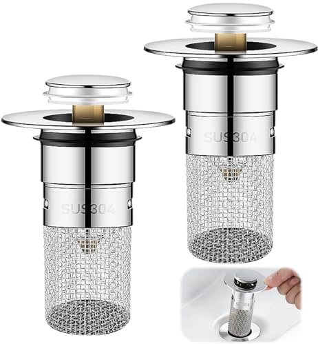 Bonde de Lavabo avec Filtre, Bouchon de Vidange Relevable 34–40 mm, Lot de 2 pour Salle de Bain et Cuisine