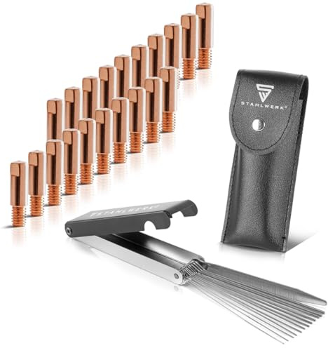 STAHLWERK MIG/MAG Stromdüsen-Set für Aluminium, 20 Stück in 1,0 mm M6x28 | Kontaktdüsen mit 13-in-1 Düsenreiniger im Etui, hochwertiges Schweißzubehör für AK25/MB25/KD24/MB24 Aluminium-Schweißbrenner