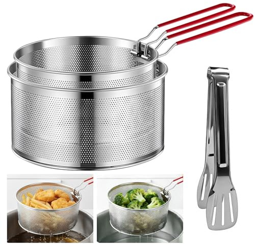 2 Stück Edelstahl Frittierkorb für Topf mit Edelstahlzange, Frittiertopf mit Sieb Nudelsieb Fonduesiebe mit Griff, Multifunktions-Siebkorb für Frittieren, Kochen, Abtropfen & Waschen(17,5cm + 19,5cm)