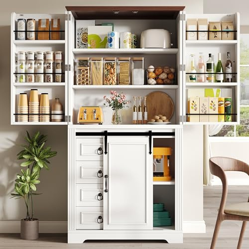 DHHU Buffet Haut Cuisine, Meuble de Rangement, Armoire, Vaisselier, Hauteur 180 cm, avec 2 Portes, 1 Portes Coulissantes et 4 Tiroir, Placards, Étagères Réglables, pour Salon, Cuisine (Blanc-17W)