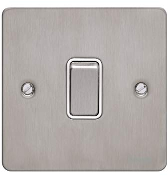 Schneider Electric Ultimate Flat Plate - Single 2 Way Light Switch, 16AX, GU1212WSS, Stainless Steel with White Insert