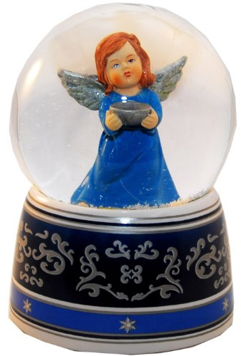 Schneekugel Engel blau mit Harfe Silber - Sockel mit Ornamenten - mit Spieluhr „Hark The Herald Angel Sing“ 140mm hoch - 20028
