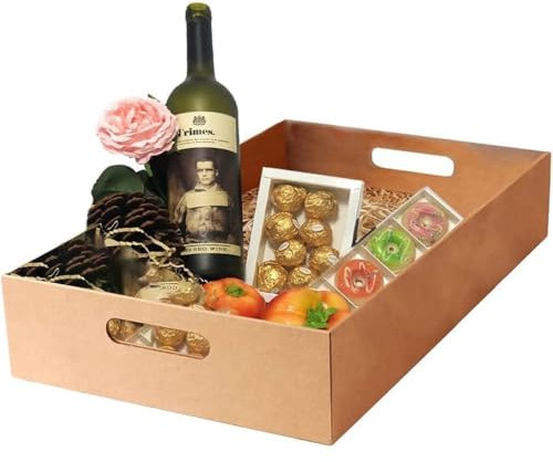 Tezraftaar® 5 x Cardboard Gift Hamper Tray 16 x 10.5 x 4 (40cm x 26cm x 10cm) Empty Patch Handle Serving Tray for Gifts Display Drink Cans